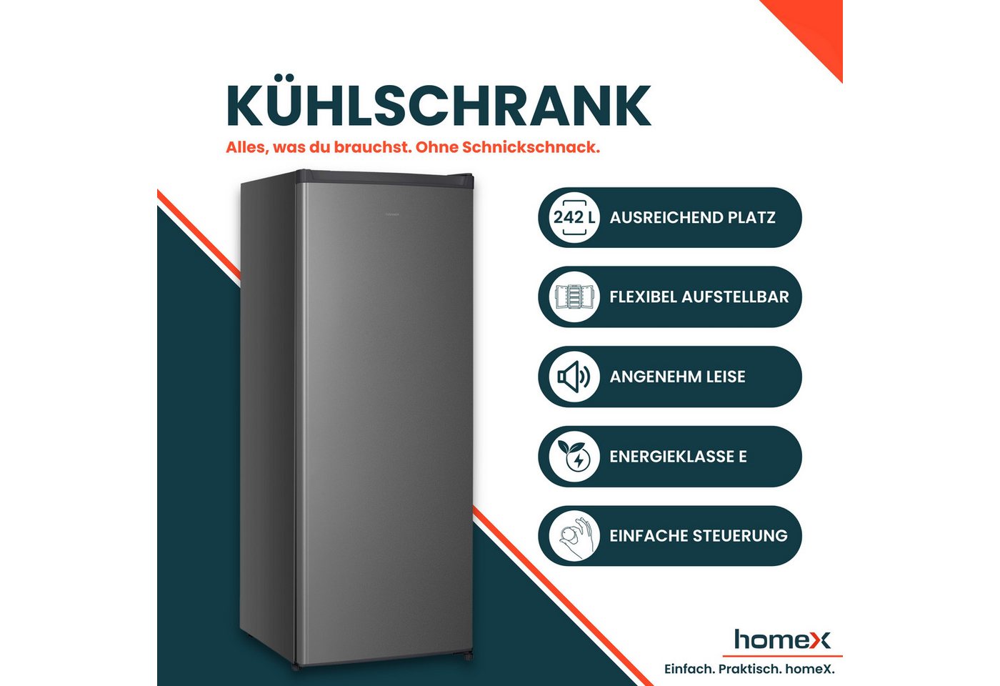 homeX Kühlschrank CS2422E-S, 143 cm hoch, 54.5 cm breit, 242 L, Vollraumkühlschrank ohne Gefrierfach groß, freistehend, 37 dB Bild 3