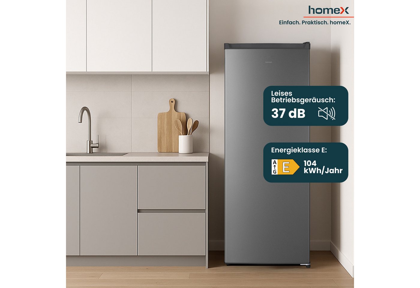 homeX Kühlschrank CS2422E-S, 143 cm hoch, 54.5 cm breit, 242 L, Vollraumkühlschrank ohne Gefrierfach groß, freistehend, 37 dB Bild 4