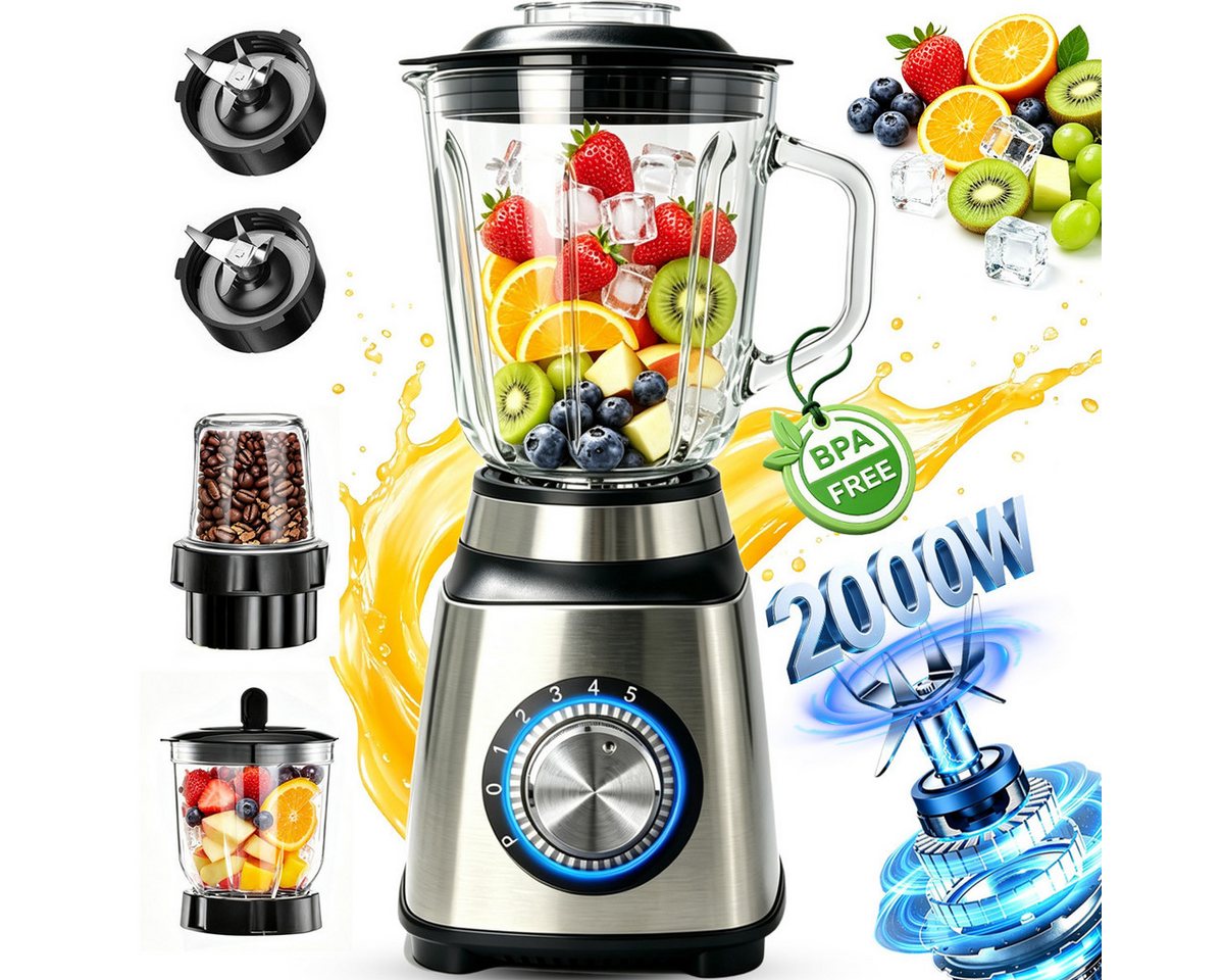 Fyrove Standmixer 2026 Neu Standmixer,Smoothie Maker Maximalstufe 2000W,Glas VitaBoost, 2000 W, Edelstahl Milchshaker Blender 1,5 L,Eiscrusher,6-Klingen für Ice Püree