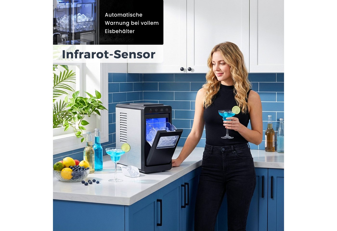 Rebonique Eiswürfelmaschine 12kg/24H mit Selbstreinigung, LED-Anzeige, 2 Eiswürfelgrößen Edelstahl, 0,8-l-Wassertank, Eisbereitungszeit: 6–8 Minuten, Eisschaufel