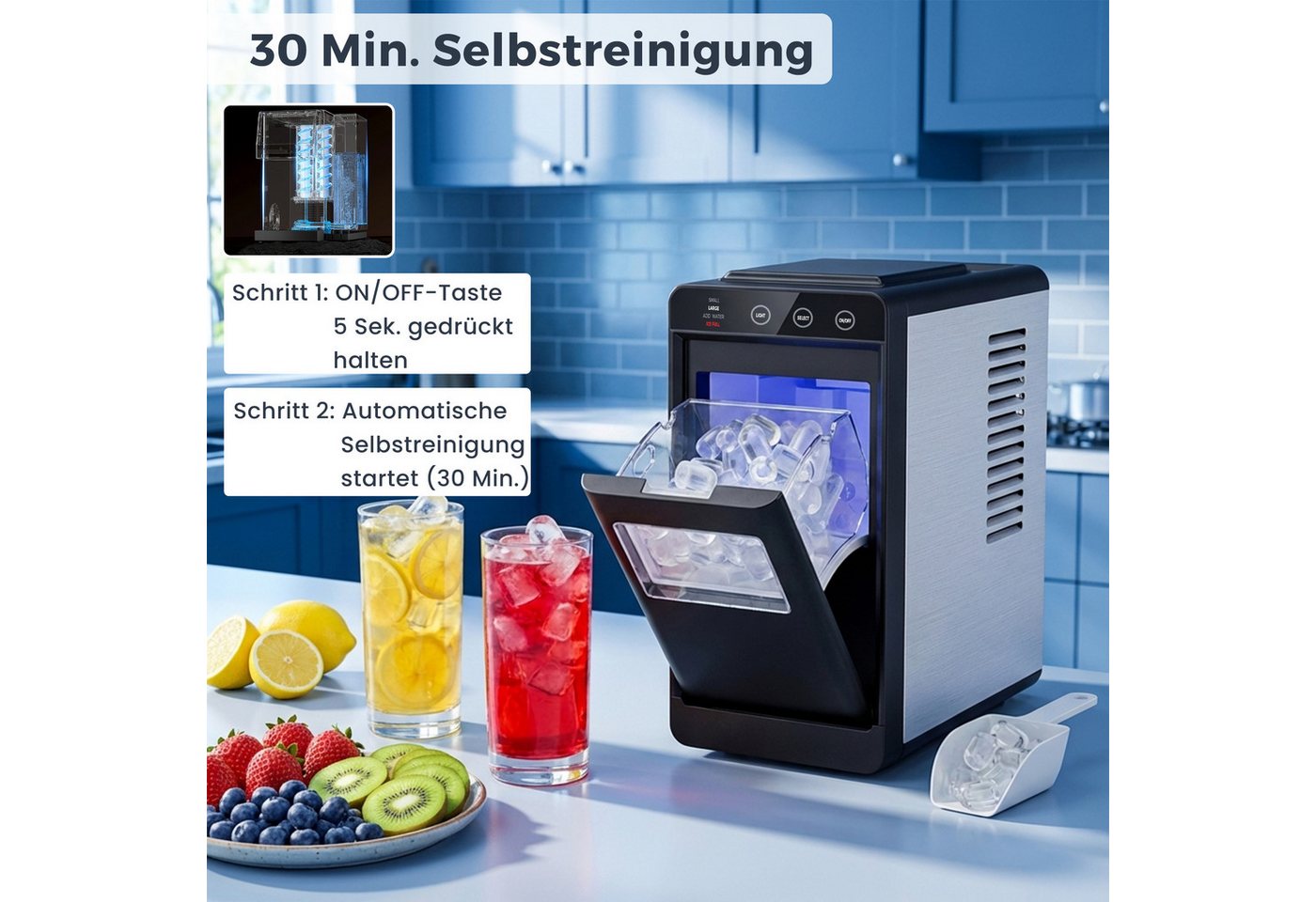 Rebonique Eiswürfelmaschine 12kg/24H mit Selbstreinigung, LED-Anzeige, 2 Eiswürfelgrößen Edelstahl, 0,8-l-Wassertank, Eisbereitungszeit: 6–8 Minuten, Eisschaufel Bild 2