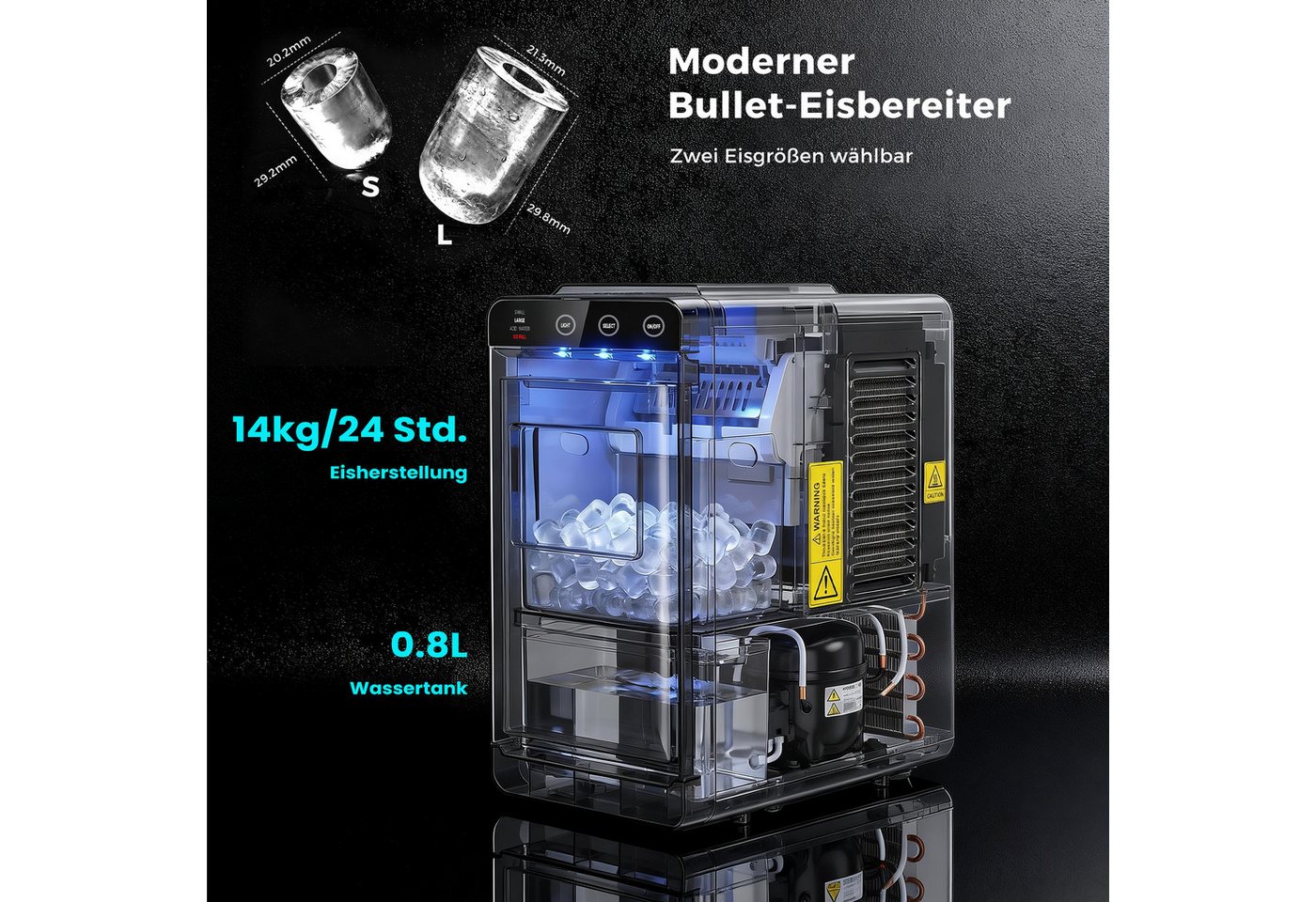 Rebonique Eiswürfelmaschine 12kg/24H mit Selbstreinigung, LED-Anzeige, 2 Eiswürfelgrößen Edelstahl, 0,8-l-Wassertank, Eisbereitungszeit: 6–8 Minuten, Eisschaufel Bild 3