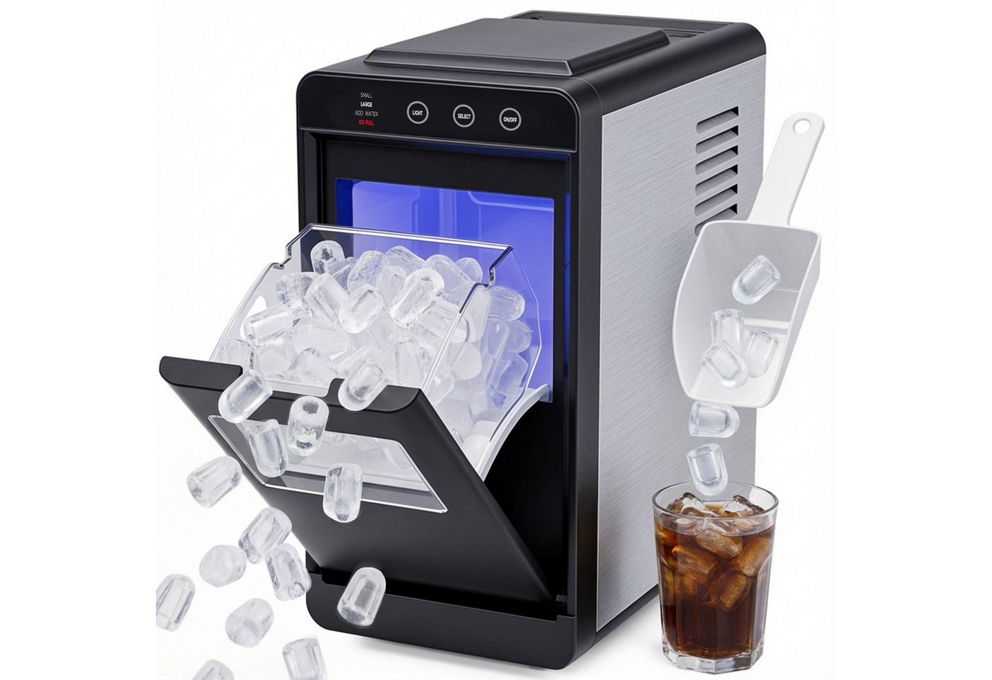 Rebonique Eiswürfelmaschine 12kg/24H mit Selbstreinigung, LED-Anzeige, 2 Eiswürfelgrößen Edelstahl, 0,8-l-Wassertank, Eisbereitungszeit: 6–8 Minuten, Eisschaufel Bild 4