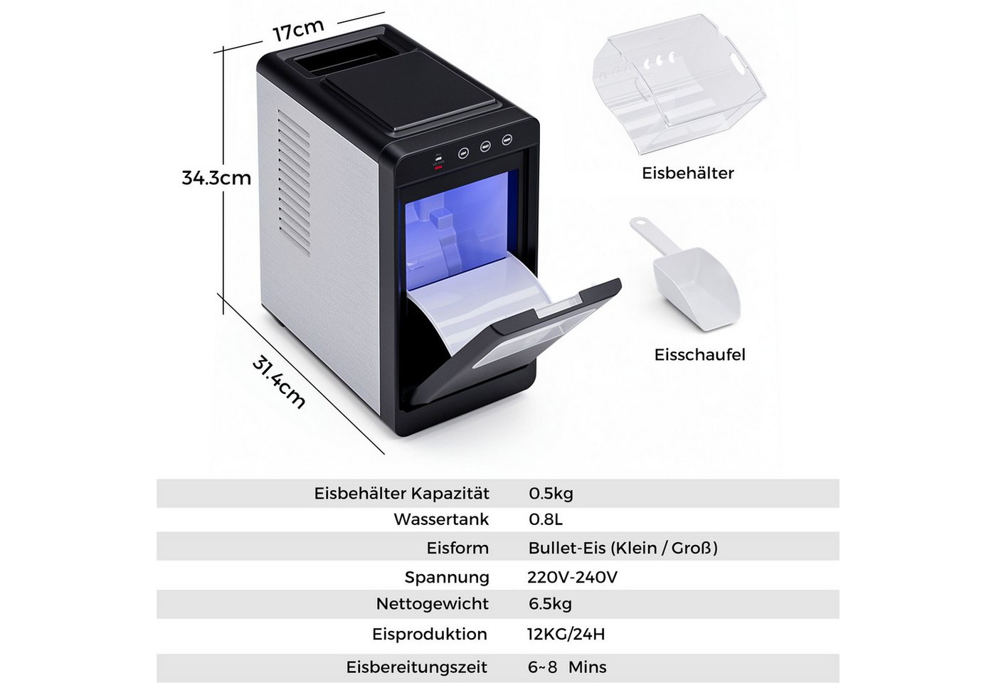 Rebonique Eiswürfelmaschine 12kg/24H mit Selbstreinigung, LED-Anzeige, 2 Eiswürfelgrößen Edelstahl, 0,8-l-Wassertank, Eisbereitungszeit: 6–8 Minuten, Eisschaufel Bild 5