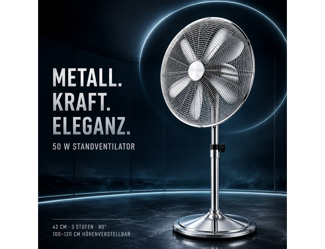 Ertex Standventilator EDELSTAHL 120cm Stand Ventilator 50W Höhe Turmventilator KRAFT