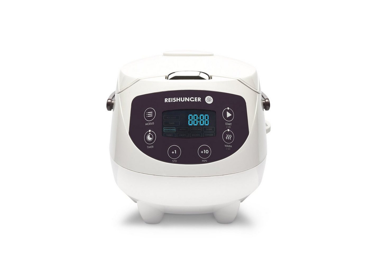 Reishunger Reiskocher kleines digitales Modell – 0,6 L – Multikocher – 8 Programme –, 350 W, Dämpfeinsatz, Messbecher, Reislöffel, Timer- und Warmhaltefunktion