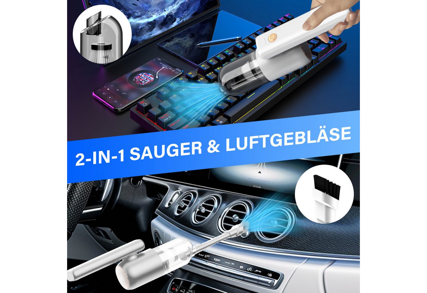 MOPUEA Akku-Handstaubsauger Handstaubsauger 3 in 1 Auto-Staubsauger,USB aufladbar Mini Staubsauger, 70 W, beutellos, enthält Saugdüsen, Staubbehälter, Reinigungsbürste usw.