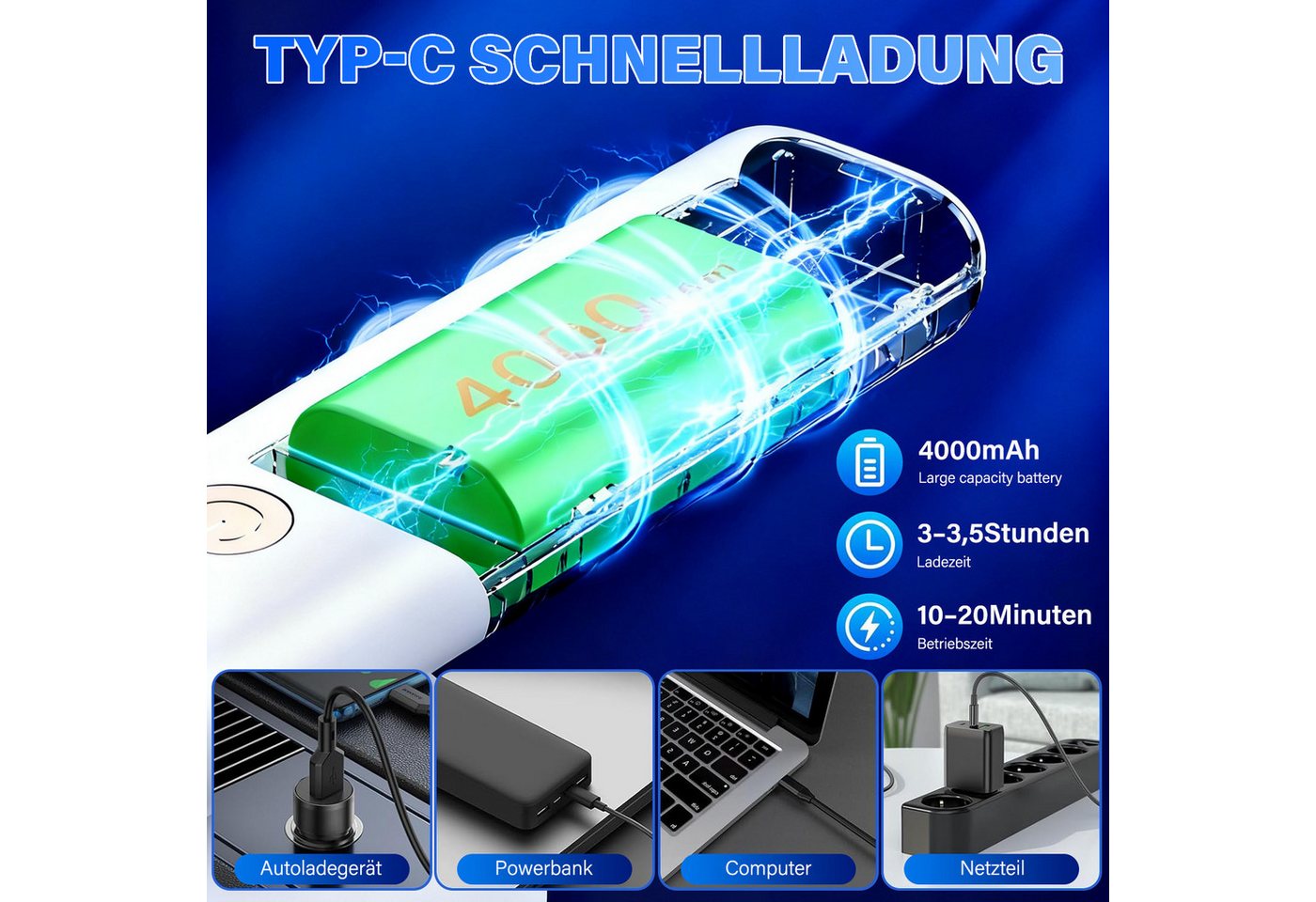 MOPUEA Akku-Handstaubsauger Handstaubsauger 3 in 1 Auto-Staubsauger,USB aufladbar Mini Staubsauger, 70 W, beutellos, enthält Saugdüsen, Staubbehälter, Reinigungsbürste usw. Bild 3