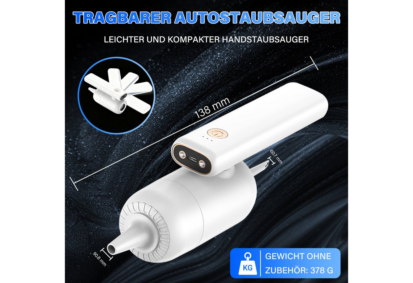 MOPUEA Akku-Handstaubsauger Handstaubsauger 3 in 1 Auto-Staubsauger,USB aufladbar Mini Staubsauger, 70 W, beutellos, enthält Saugdüsen, Staubbehälter, Reinigungsbürste usw. Bild 4