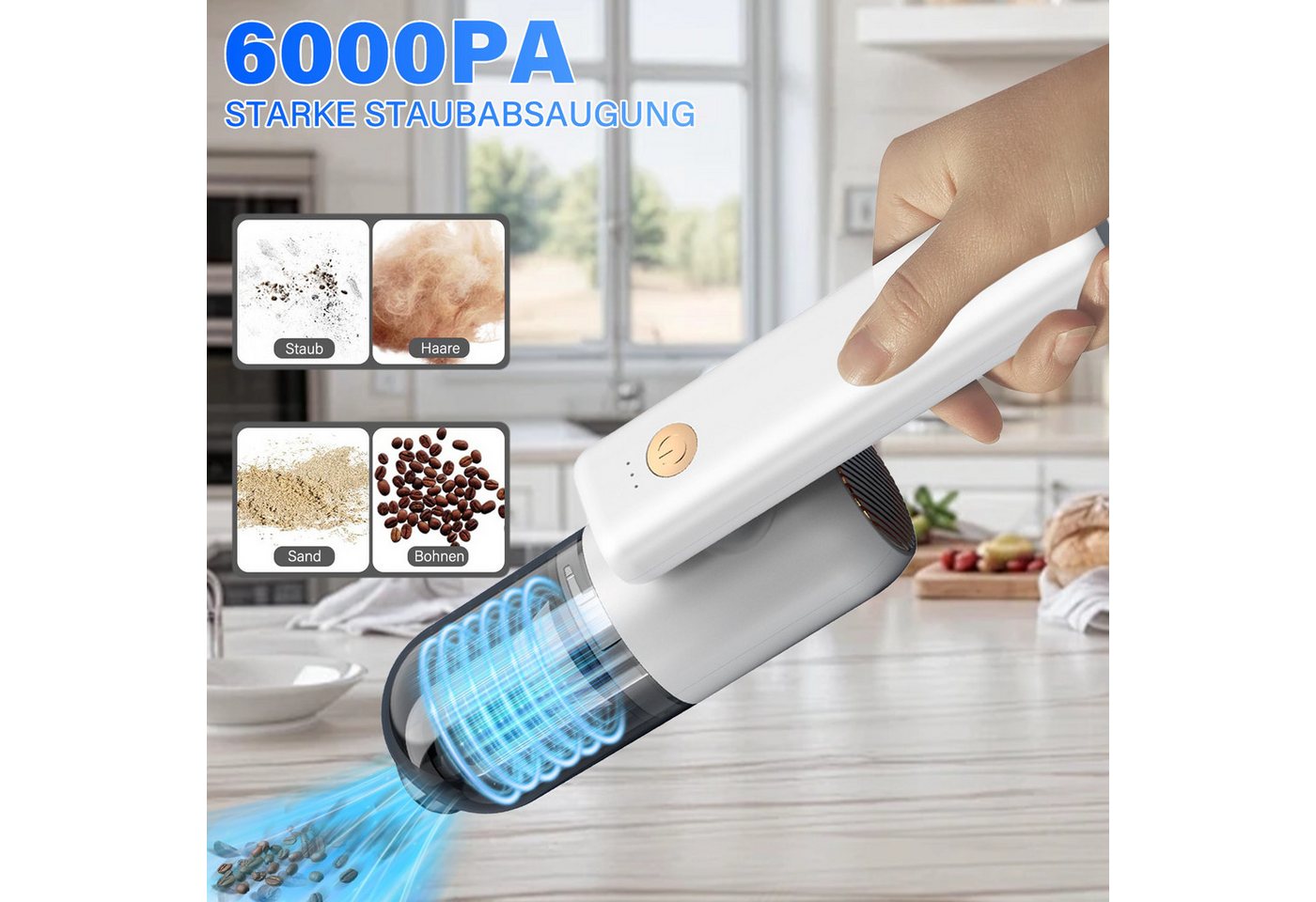 MOPUEA Akku-Handstaubsauger Handstaubsauger 3 in 1 Auto-Staubsauger,USB aufladbar Mini Staubsauger, 70 W, beutellos, enthält Saugdüsen, Staubbehälter, Reinigungsbürste usw. Bild 5