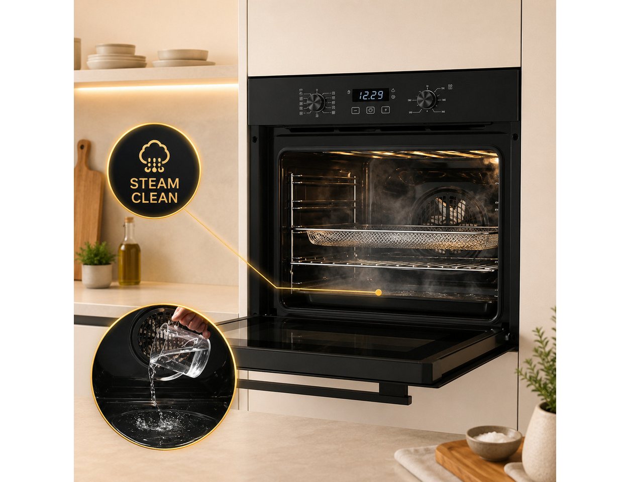 KB Elements Induktions Herd-Set Einbaubackofen 60 cm mit 5-Zonen Induktionskochfeld 77cm, Air Fry, Steam Clean, A+, Induktionskochfeld mit 5 Zonen