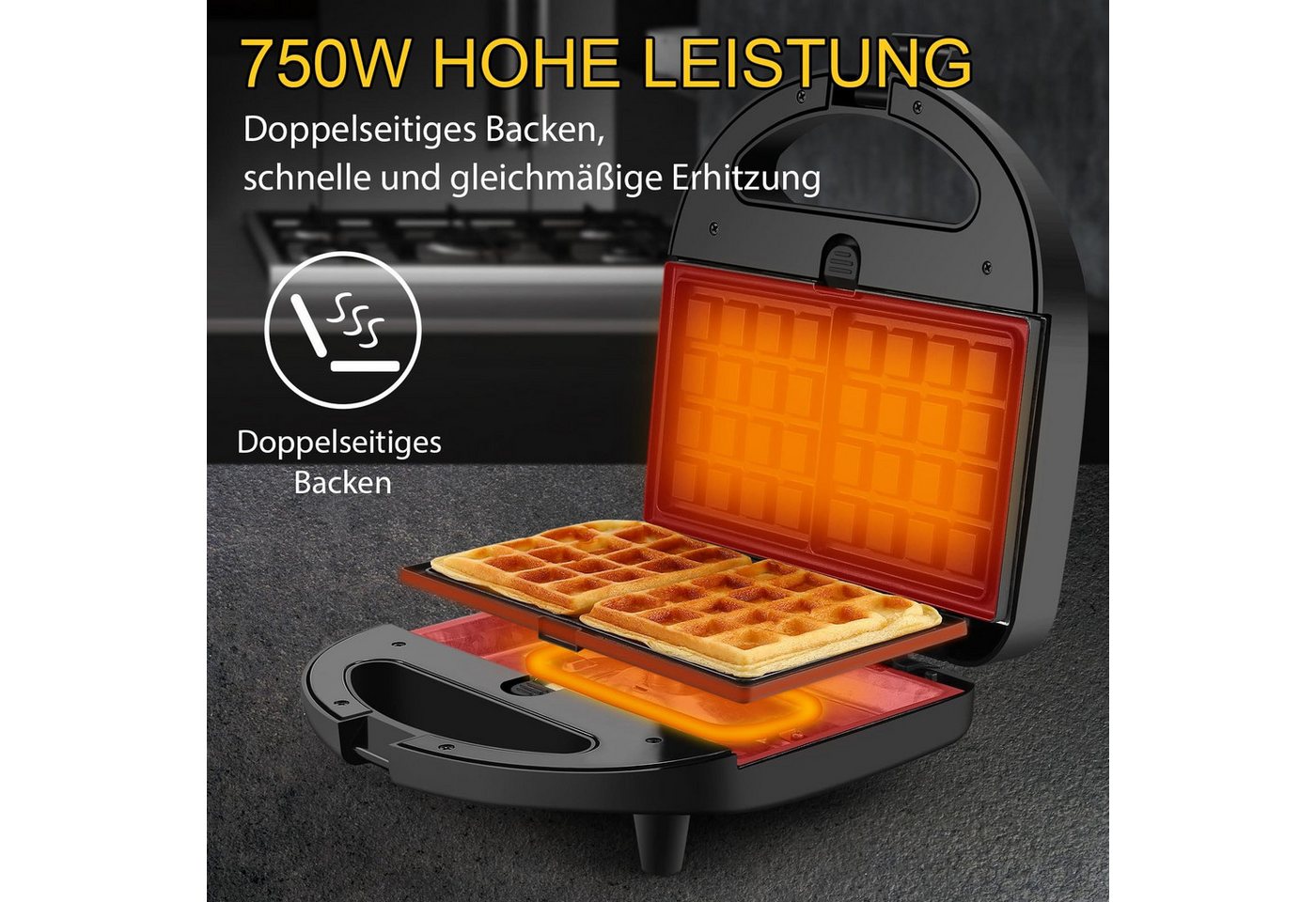 Forrlite 3-in-1-Kombi-Waffeleisen Waffeleisen, Sandwichmaker 3 in 1, Multifunktionsgerät Doppel, 760,00 W, 3 Abnehmbare Platten, Antihaftbeschichtung, LED-Leuchten