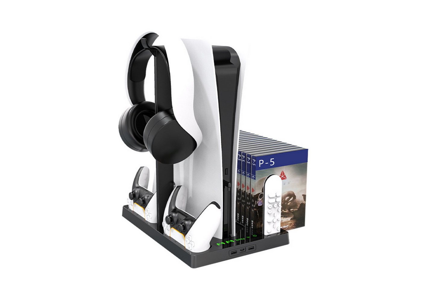 KINSI PS5 Ladestation mit Kühlfunktion&Kopfhörerhalter für PS5 Digital/Disc Controller-Ladestation (Vertikalständer mit 2-fach Ladedock,15 Disc Halter & Kühlgebläse)