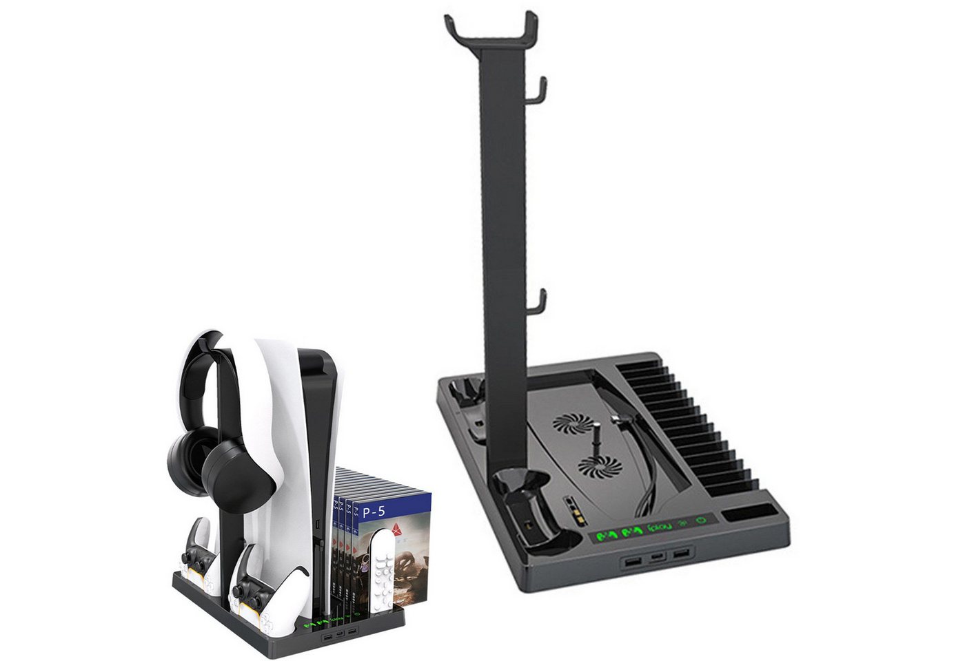 KINSI PS5 Ladestation mit Kühlfunktion&Kopfhörerhalter für PS5 Digital/Disc Controller-Ladestation (Vertikalständer mit 2-fach Ladedock,15 Disc Halter & Kühlgebläse) Bild 2