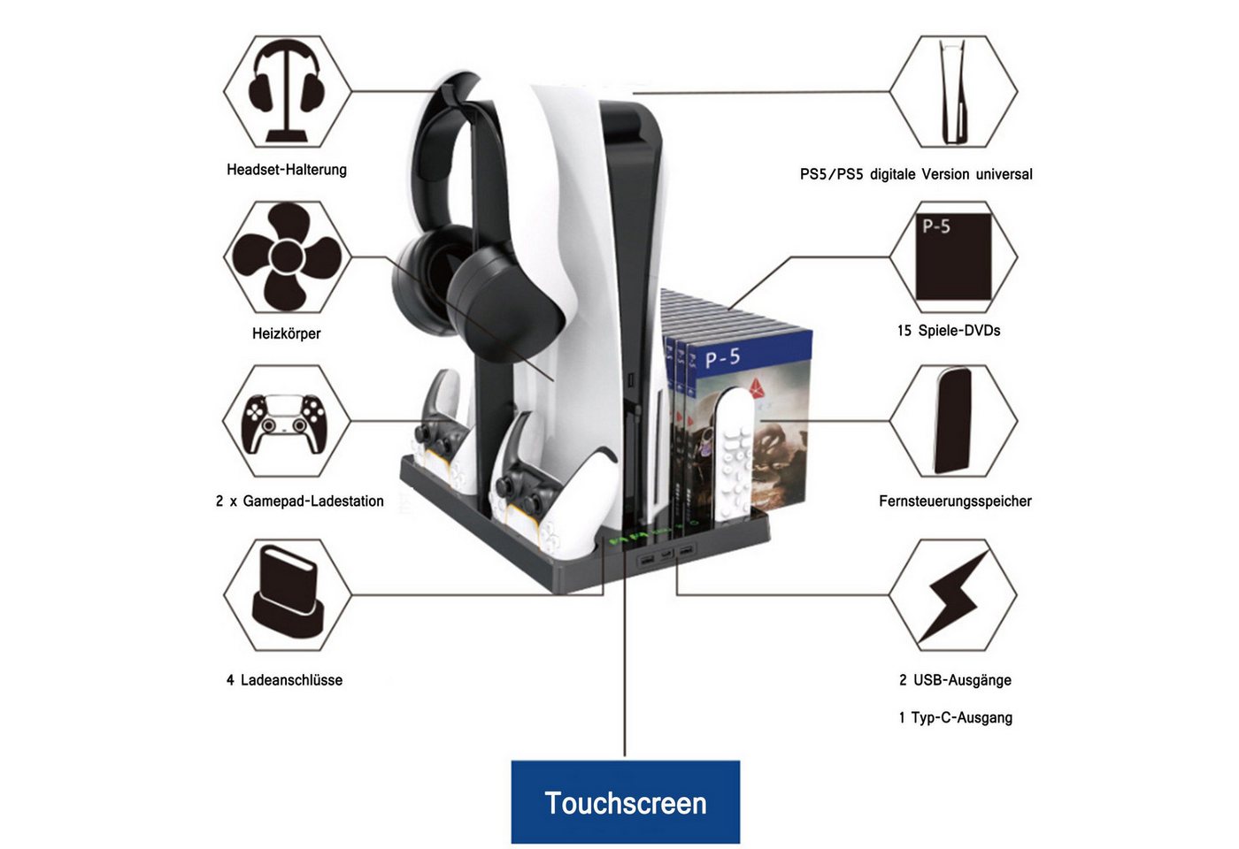 KINSI PS5 Ladestation mit Kühlfunktion&Kopfhörerhalter für PS5 Digital/Disc Controller-Ladestation (Vertikalständer mit 2-fach Ladedock,15 Disc Halter & Kühlgebläse) Bild 3