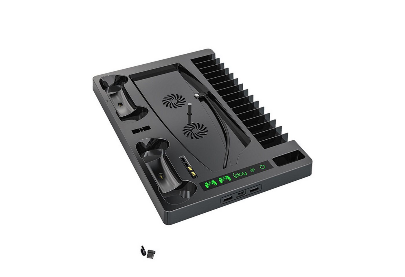 KINSI PS5 Ladestation mit Kühlfunktion&Kopfhörerhalter für PS5 Digital/Disc Controller-Ladestation (Vertikalständer mit 2-fach Ladedock,15 Disc Halter & Kühlgebläse) Bild 4