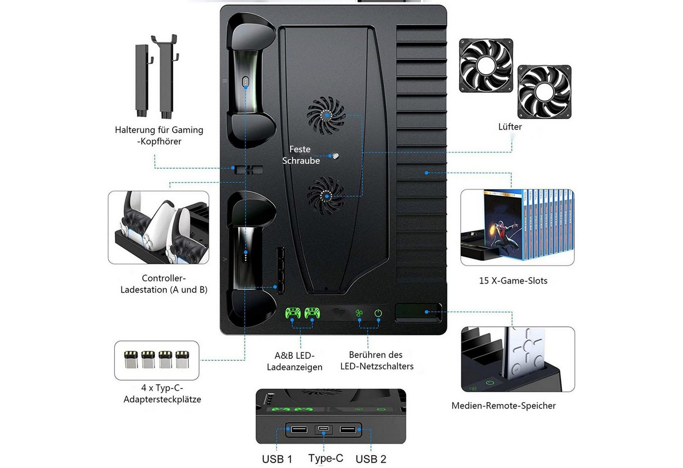 KINSI PS5 Ladestation mit Kühlfunktion&Kopfhörerhalter für PS5 Digital/Disc Controller-Ladestation (Vertikalständer mit 2-fach Ladedock,15 Disc Halter & Kühlgebläse) Bild 5