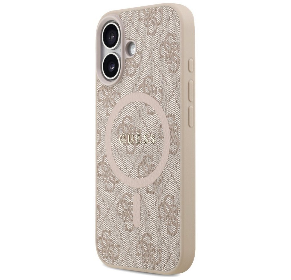 Guess Handyhülle Case iPhone 17 MagSafe Kunstleder rosa Logo goldfarben 6,3 Zoll, Kantenschutz