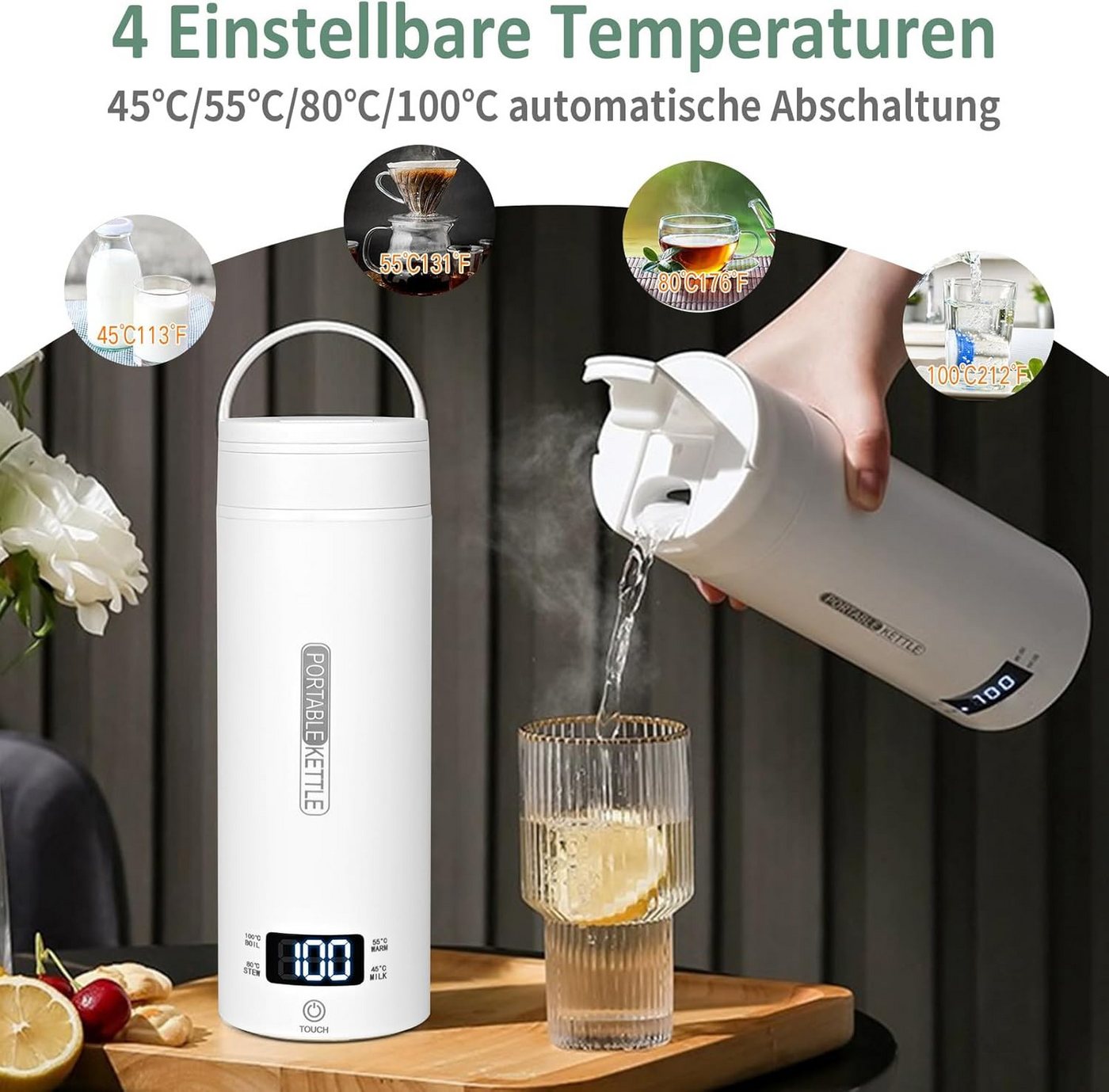ibettertec Wasserkocher Tragbarer Wasserkocher,Reise-Wasserkocher,Thermobecher,Edelstahl, 300 W, 220V,500ml,Teekanne,Heizbecher,LCD-Temperaturanzeige,Geschenkset