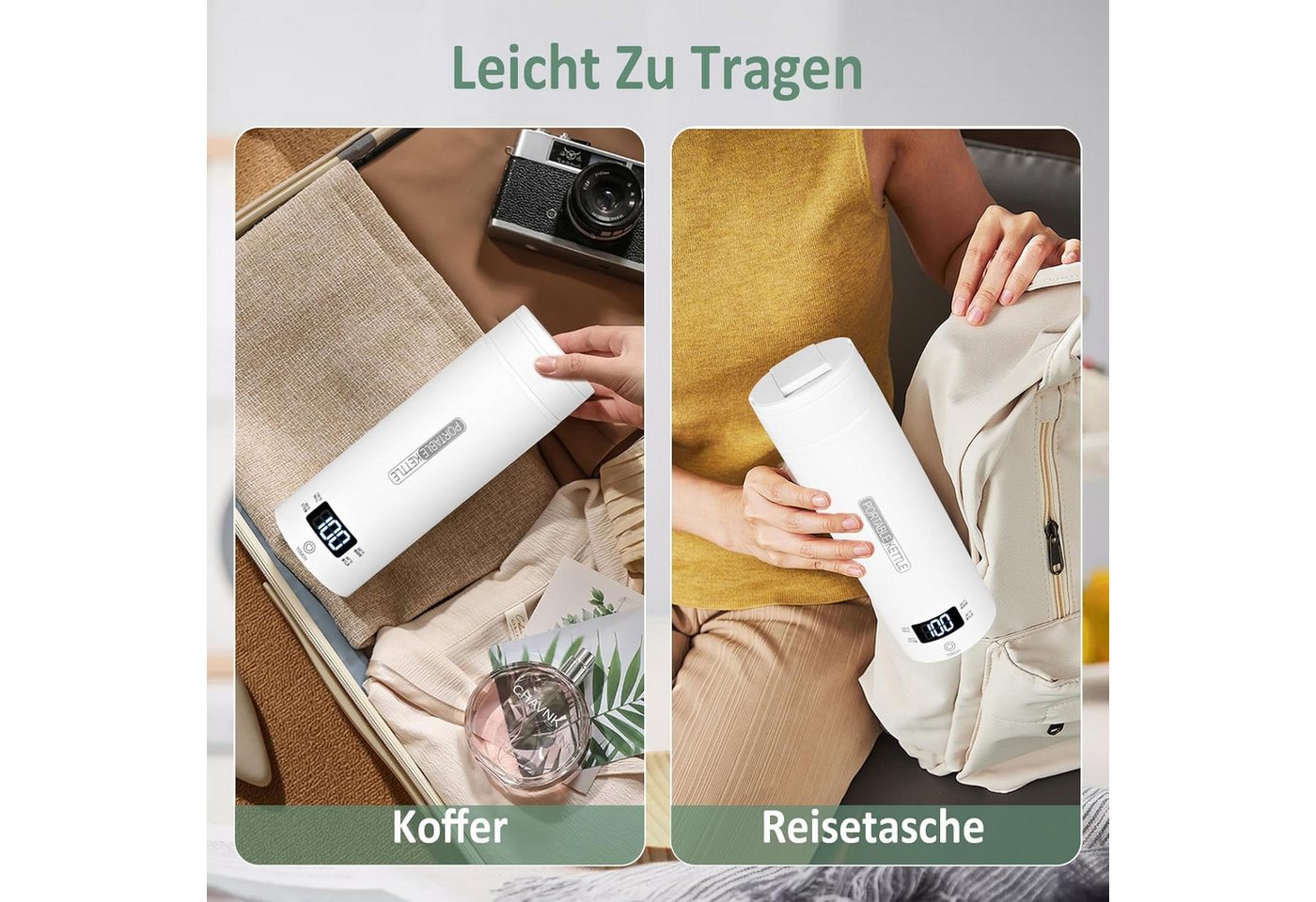 ibettertec Wasserkocher Tragbarer Wasserkocher,Reise-Wasserkocher,Thermobecher,Edelstahl, 300 W, 220V,500ml,Teekanne,Heizbecher,LCD-Temperaturanzeige,Geschenkset Bild 2
