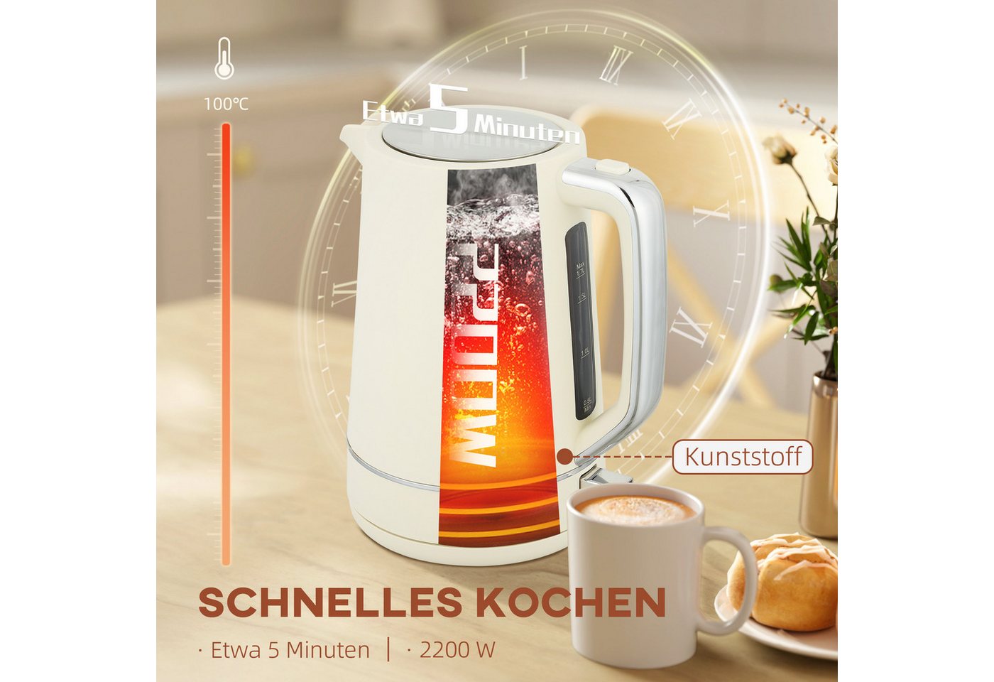 HOMCOM Toaster Frühstück-Set, Thermostat, 1,7L, Aufwärmen & Auftauen, Kalkfilter, 2 Schlitze, für 2 Scheiben, 2200 W, Wasserkocher und Toaster mit 6 Bräunungsstufen, Stahl, eige
