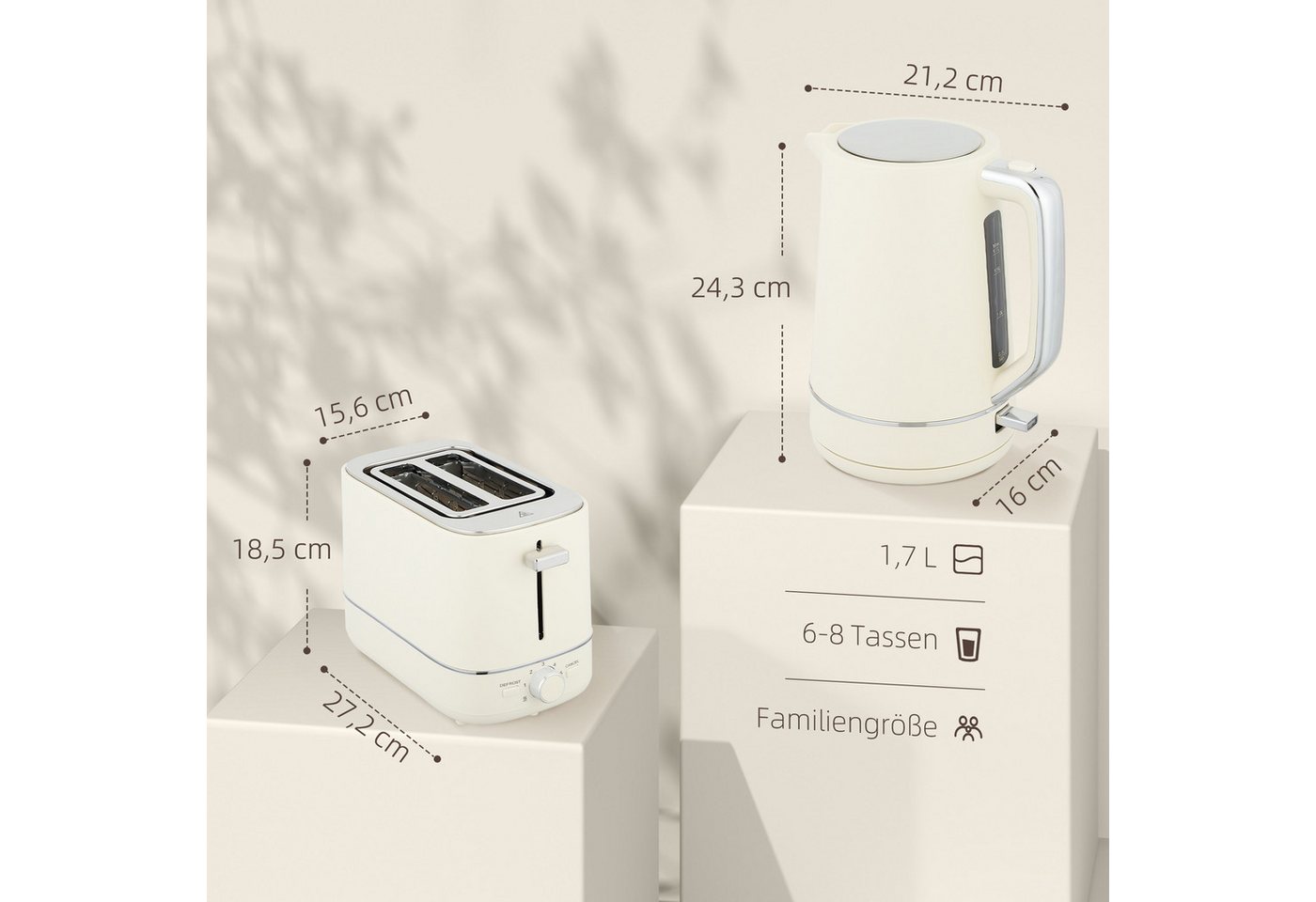 HOMCOM Toaster Frühstück-Set, Thermostat, 1,7L, Aufwärmen & Auftauen, Kalkfilter, 2 Schlitze, für 2 Scheiben, 2200 W, Wasserkocher und Toaster mit 6 Bräunungsstufen, Stahl, eige Bild 2