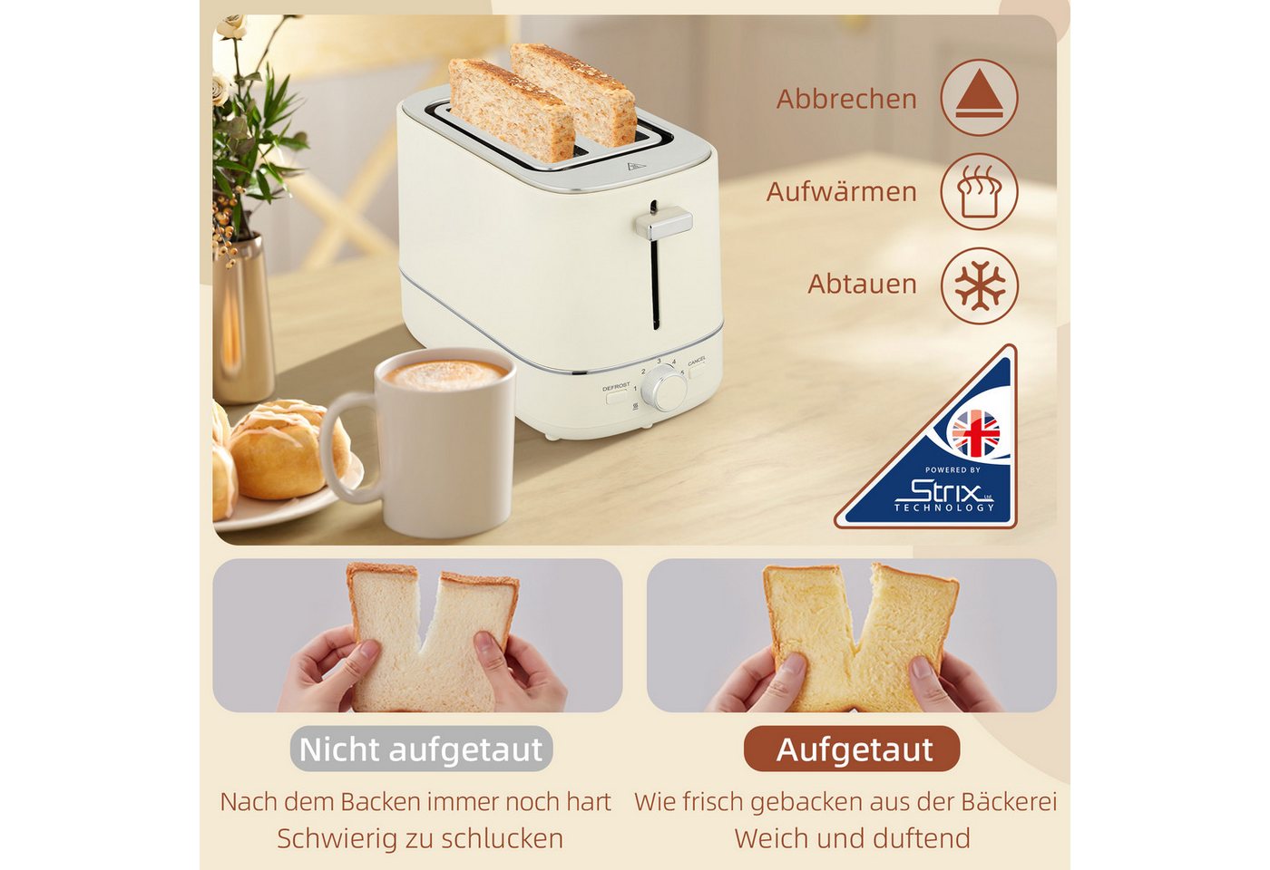 HOMCOM Toaster Frühstück-Set, Thermostat, 1,7L, Aufwärmen & Auftauen, Kalkfilter, 2 Schlitze, für 2 Scheiben, 2200 W, Wasserkocher und Toaster mit 6 Bräunungsstufen, Stahl, eige Bild 4