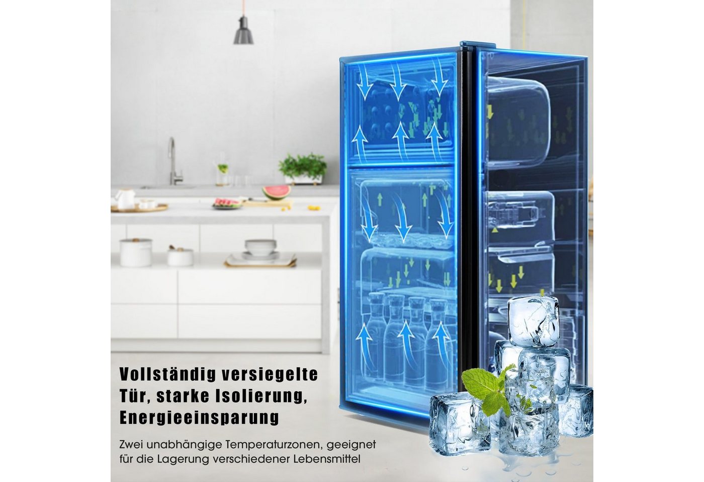 Merax Table Top Kühlschrank mit Gefrierfach, LED-Beleuchtung, Kühl- und Gefrierfunktion BCD-86A, 87 cm hoch, 42 cm breit, Mini Kühlschrank mit Doppeltür, 60 L, freistehend und klein