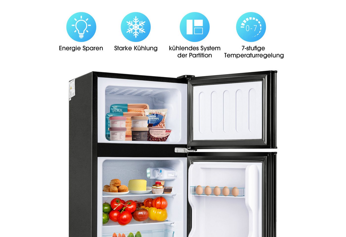 Merax Table Top Kühlschrank mit Gefrierfach, LED-Beleuchtung, Kühl- und Gefrierfunktion BCD-86A, 87 cm hoch, 42 cm breit, Mini Kühlschrank mit Doppeltür, 60 L, freistehend und klein Bild 4