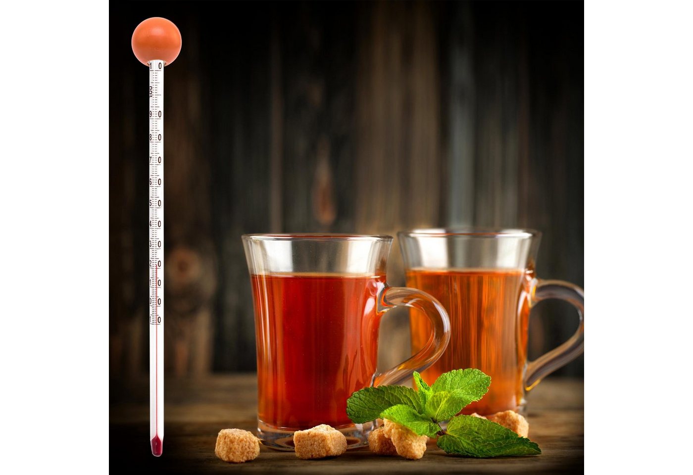 Lantelme Kochthermometer Teethermometer mit Holzkugel Farbwahl Tee Teekanne Glas Thermometer, Teethermometer 1-tlg., Holzkugel Farbe wählbar, 24cm lang, Teewasser Temperatur bis 110°C Analog, gut ablesbare Skala Bild 2