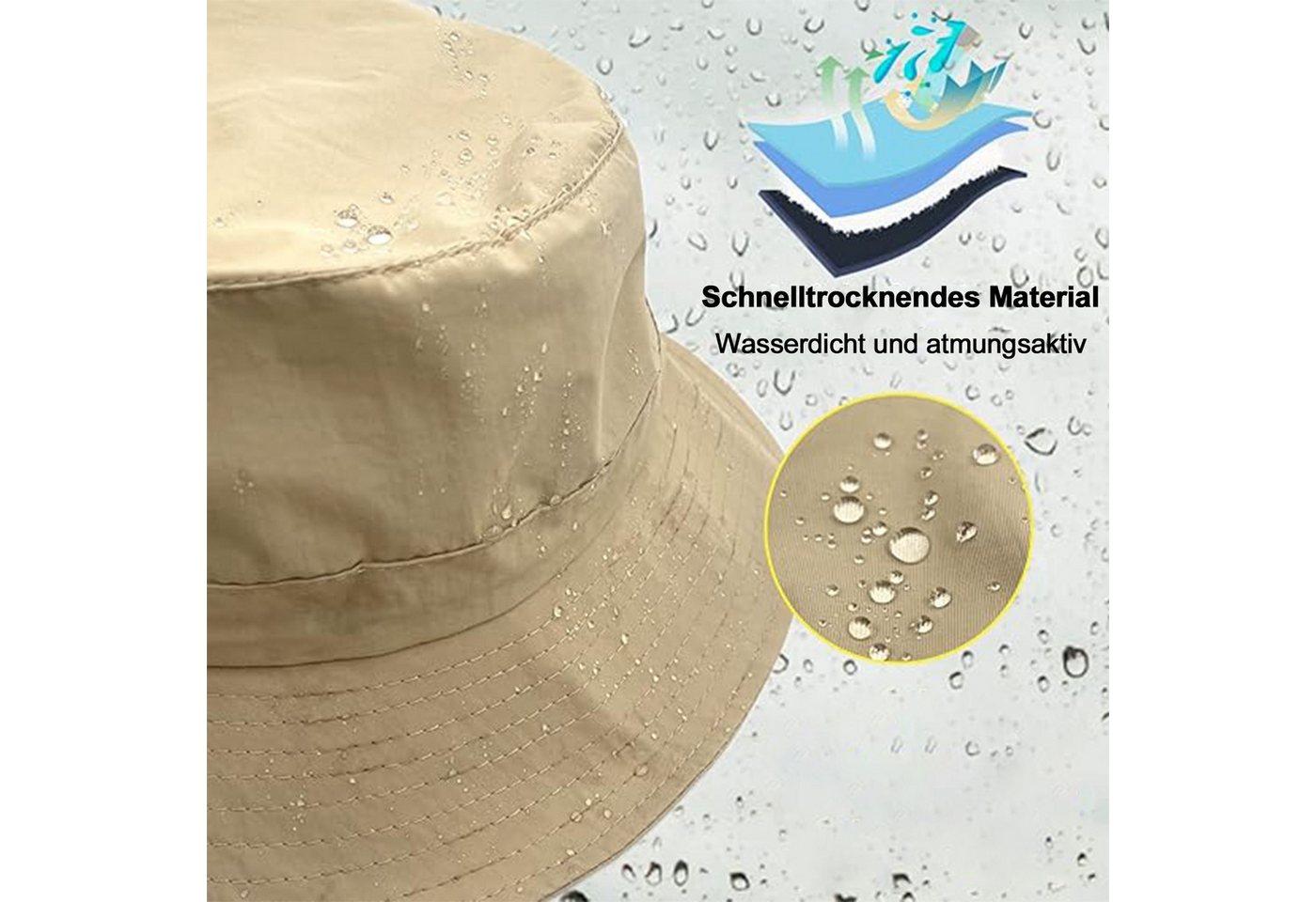 Mutig Fischerhut Sonnenhut Damen Herren, Wasserdichter Fischerhut mit Kinnriemen (UV Schutz Sommer Hut, Faltbar und Schnell trocknend, Leichter Outdoor Regenhut) für Wandern, Strand und Reisen Bild 3