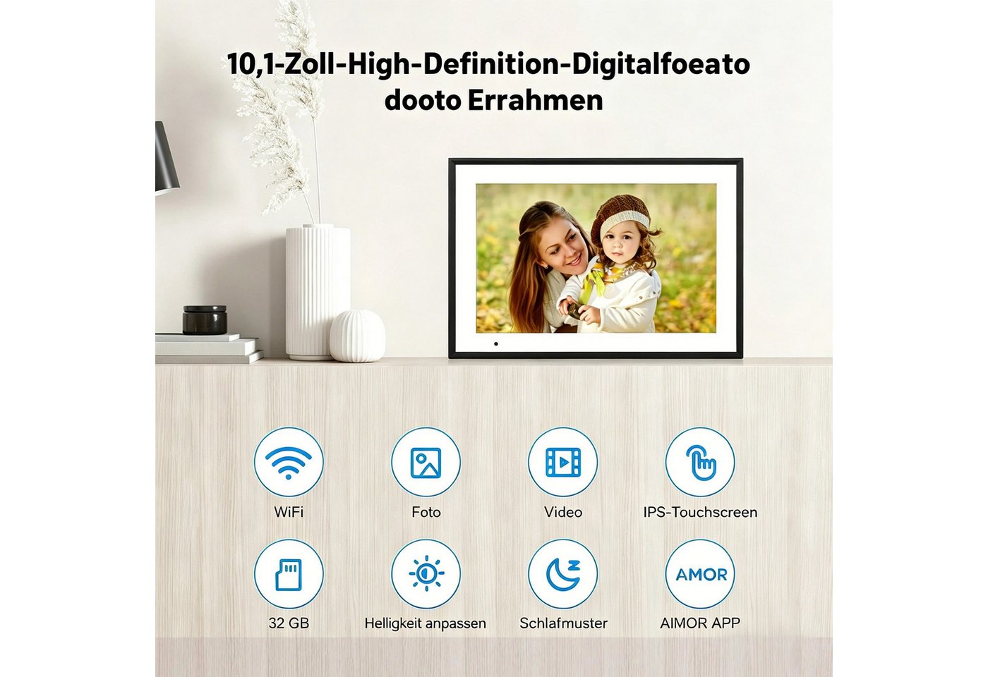 Funcare 10.1’’ mit WiFi-Fotoübertragung 1280×800 Pixel, 32GB+128GB erweiterbar Digitaler Bilderrahmen (25,65 cm/10.1 ", 1280x800 Pixel, 32 GB)