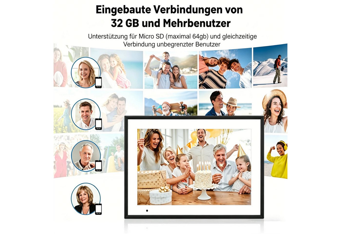 Funcare 10.1’’ mit WiFi-Fotoübertragung 1280×800 Pixel, 32GB+128GB erweiterbar Digitaler Bilderrahmen (25,65 cm/10.1 ", 1280x800 Pixel, 32 GB) Bild 2