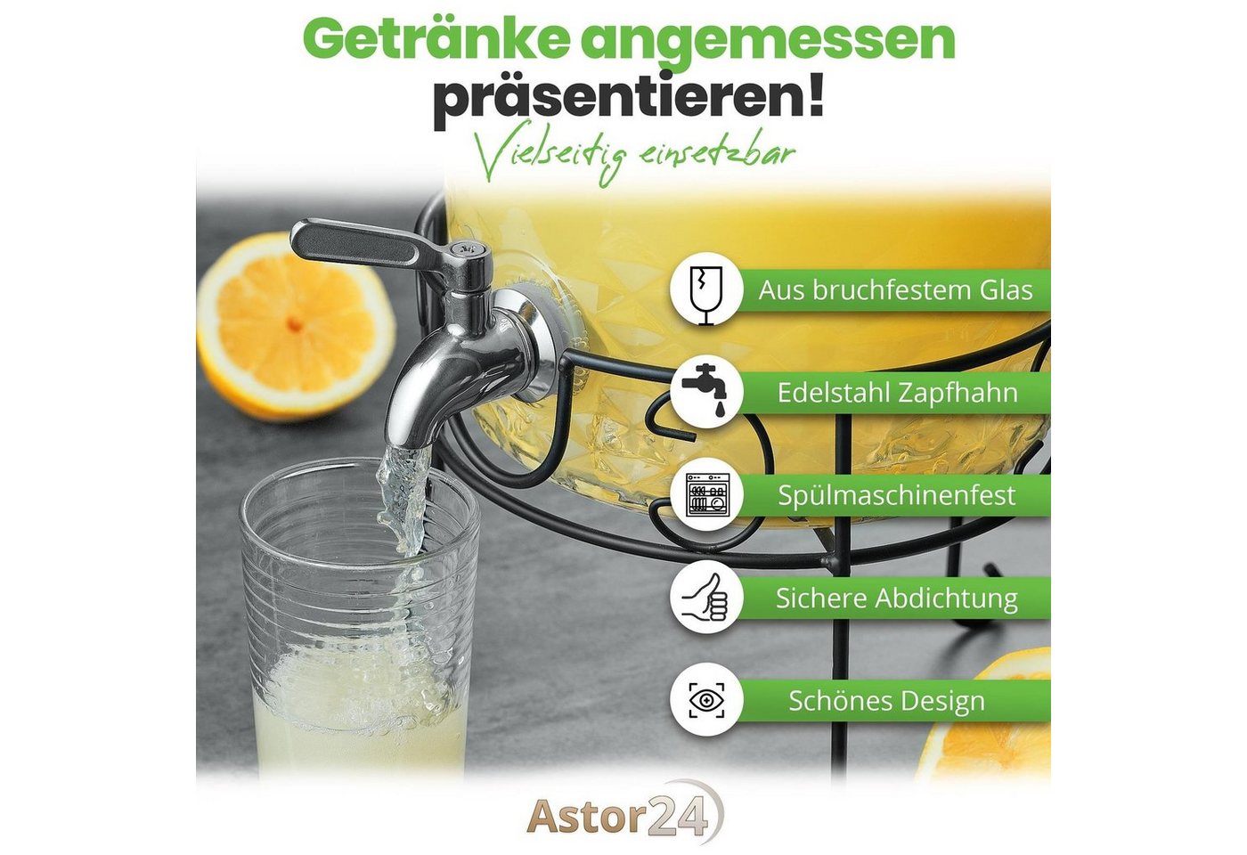 astor24 Getränkespender Getränkespender 8 L mit Zapfhahn + Ständer aus Glas Wasserspender, 8 Liter Bild 2