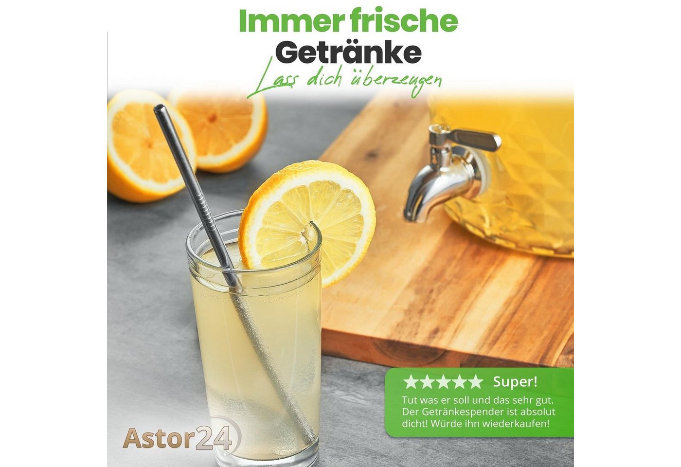 astor24 Getränkespender Getränkespender 8 L mit Zapfhahn + Ständer aus Glas Wasserspender, 8 Liter Bild 5