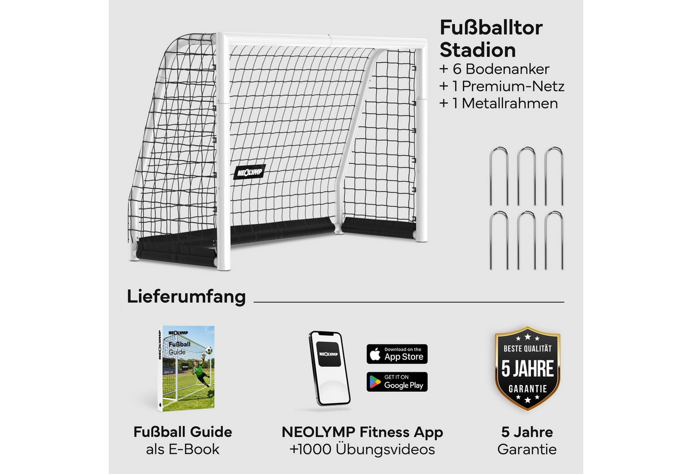 NEOLYMP Fußballtor für Garten – Robustes Stadion-Tor aus Metall, korrosionsgeschützt (Fußballtor für Garten mit Polyester-Netz – Einfacher Aufbau), Wetterfestes Fußballtor Kinder Outdoor inkl. Heringe – Klicksystem Bild 2