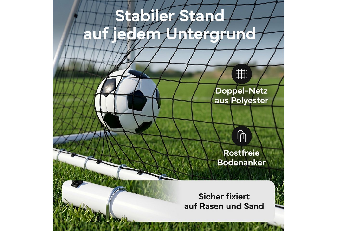 NEOLYMP Fußballtor für Garten – Robustes Stadion-Tor aus Metall, korrosionsgeschützt (Fußballtor für Garten mit Polyester-Netz – Einfacher Aufbau), Wetterfestes Fußballtor Kinder Outdoor inkl. Heringe – Klicksystem Bild 3
