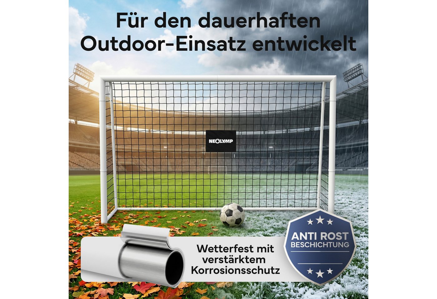 NEOLYMP Fußballtor für Garten – Robustes Stadion-Tor aus Metall, korrosionsgeschützt (Fußballtor für Garten mit Polyester-Netz – Einfacher Aufbau), Wetterfestes Fußballtor Kinder Outdoor inkl. Heringe – Klicksystem Bild 4