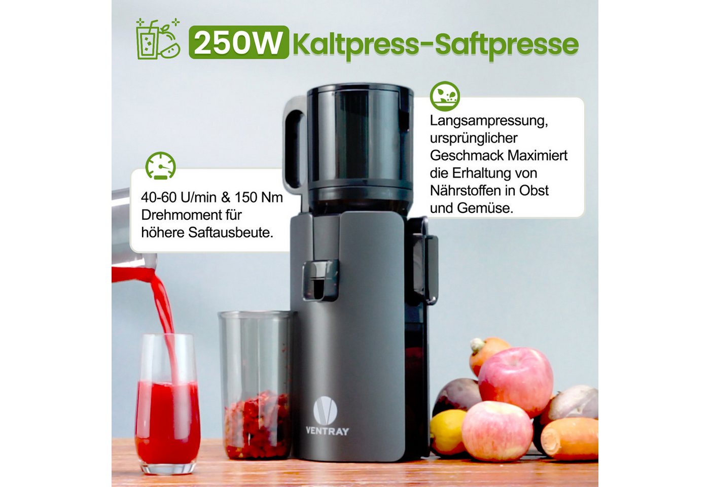 VENTRAY Slow Juicer Entsafter 120mm Große Einfüllöffnung, Für Obst und Gemüse, 250 W, Kaltpress-Technologie, Leicht Rein, doppeltes Filtersystem, BPA-frei