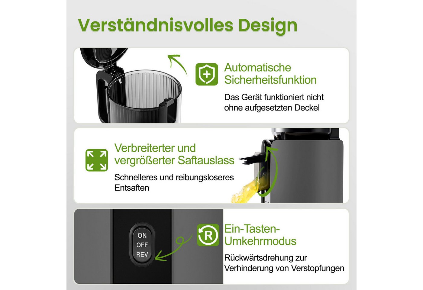 VENTRAY Slow Juicer Entsafter 120mm Große Einfüllöffnung, Für Obst und Gemüse, 250 W, Kaltpress-Technologie, Leicht Rein, doppeltes Filtersystem, BPA-frei Bild 4