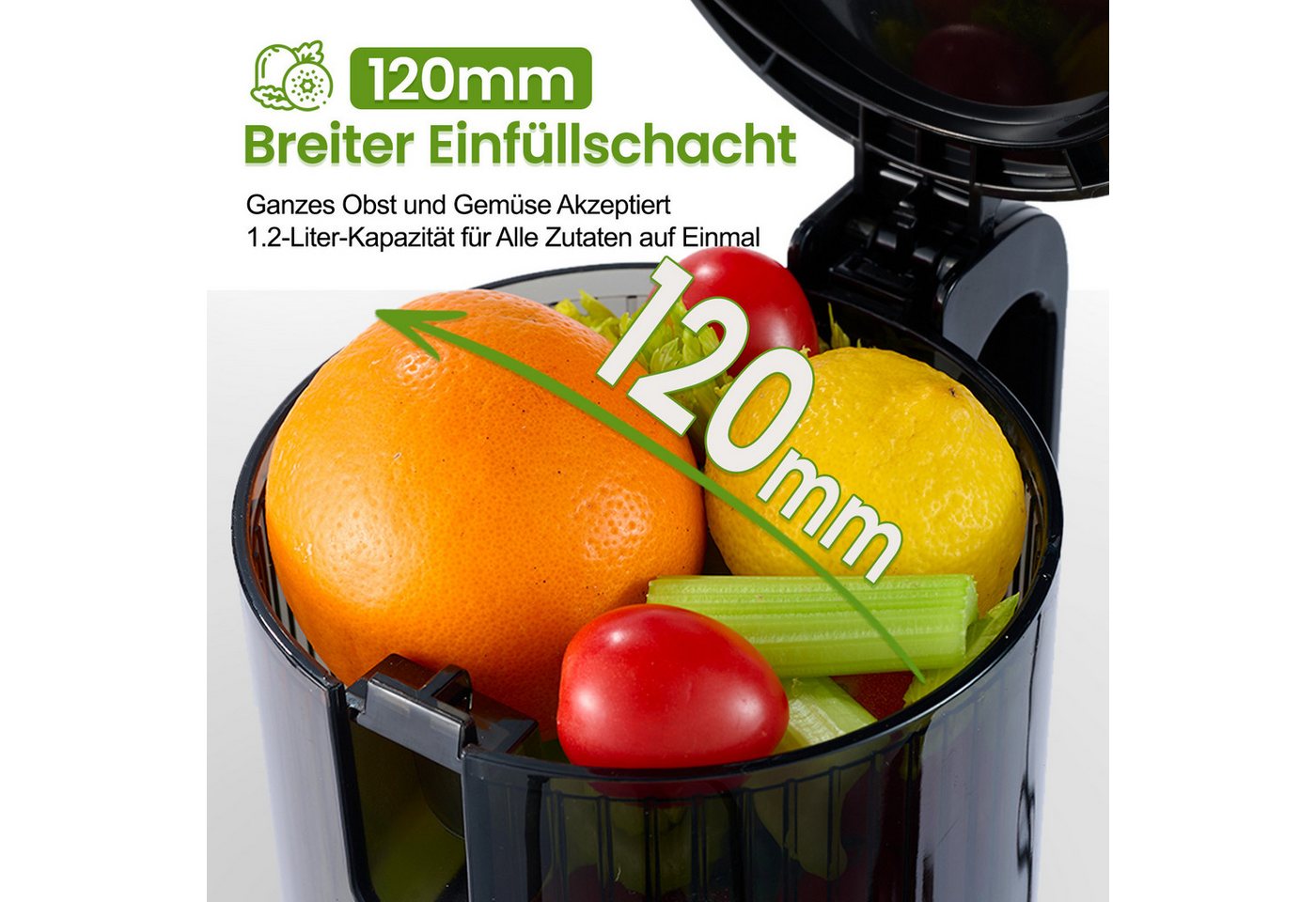 VENTRAY Slow Juicer Entsafter 120mm Große Einfüllöffnung, Für Obst und Gemüse, 250 W, Kaltpress-Technologie, Leicht Rein, doppeltes Filtersystem, BPA-frei Bild 5