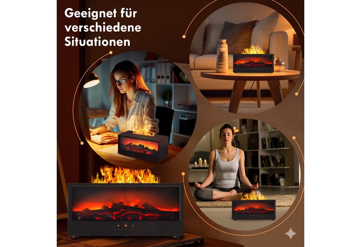 i@home Luftbefeuchter 3D-Flammen-Aroma-Diffusor, 150 l Wassertank, Timer, automatischer Abschaltfunktion, 7-farb LED-Nachtlicht, schwarz Bild 2