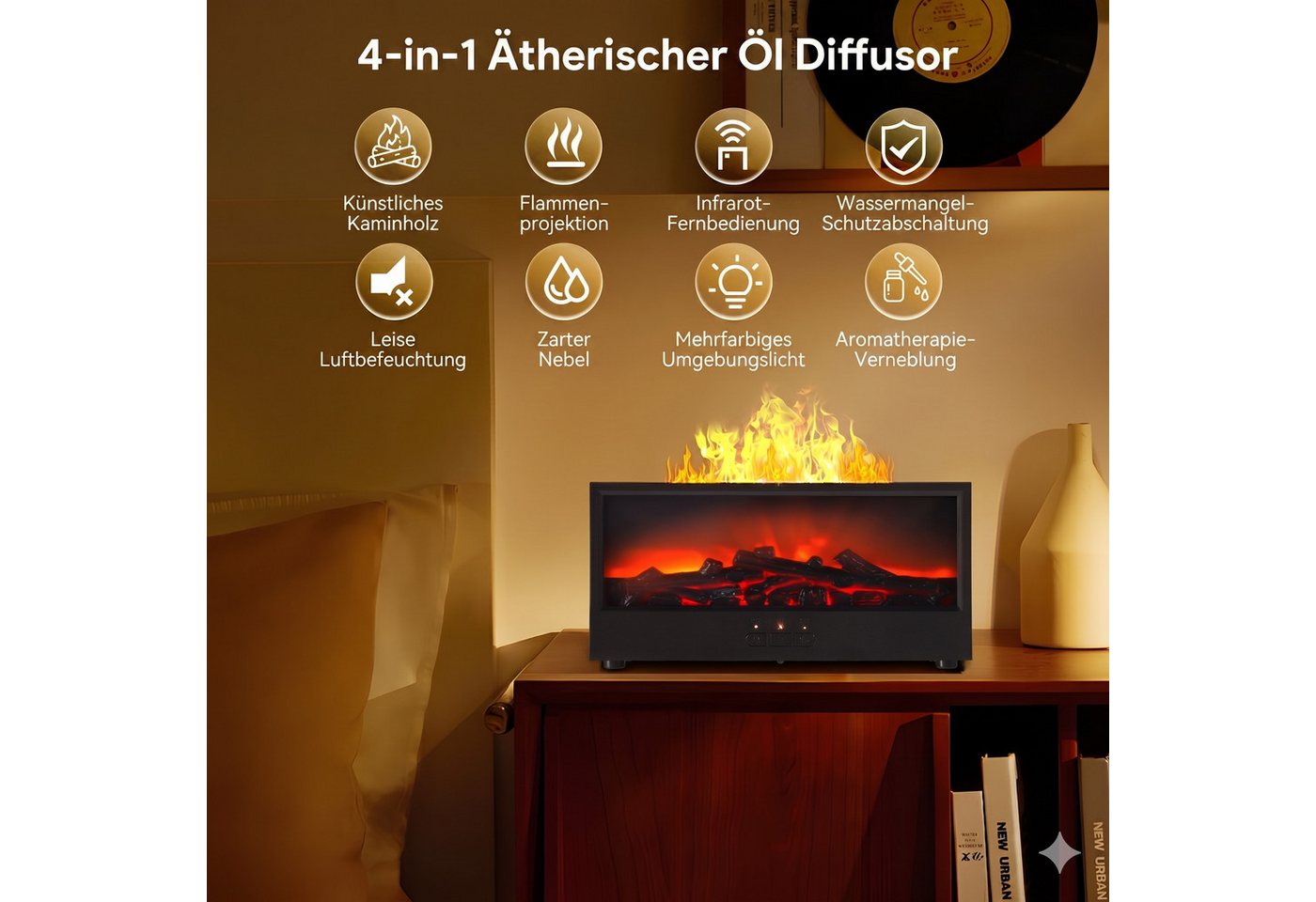 i@home Luftbefeuchter 3D-Flammen-Aroma-Diffusor, 150 l Wassertank, Timer, automatischer Abschaltfunktion, 7-farb LED-Nachtlicht, schwarz Bild 4