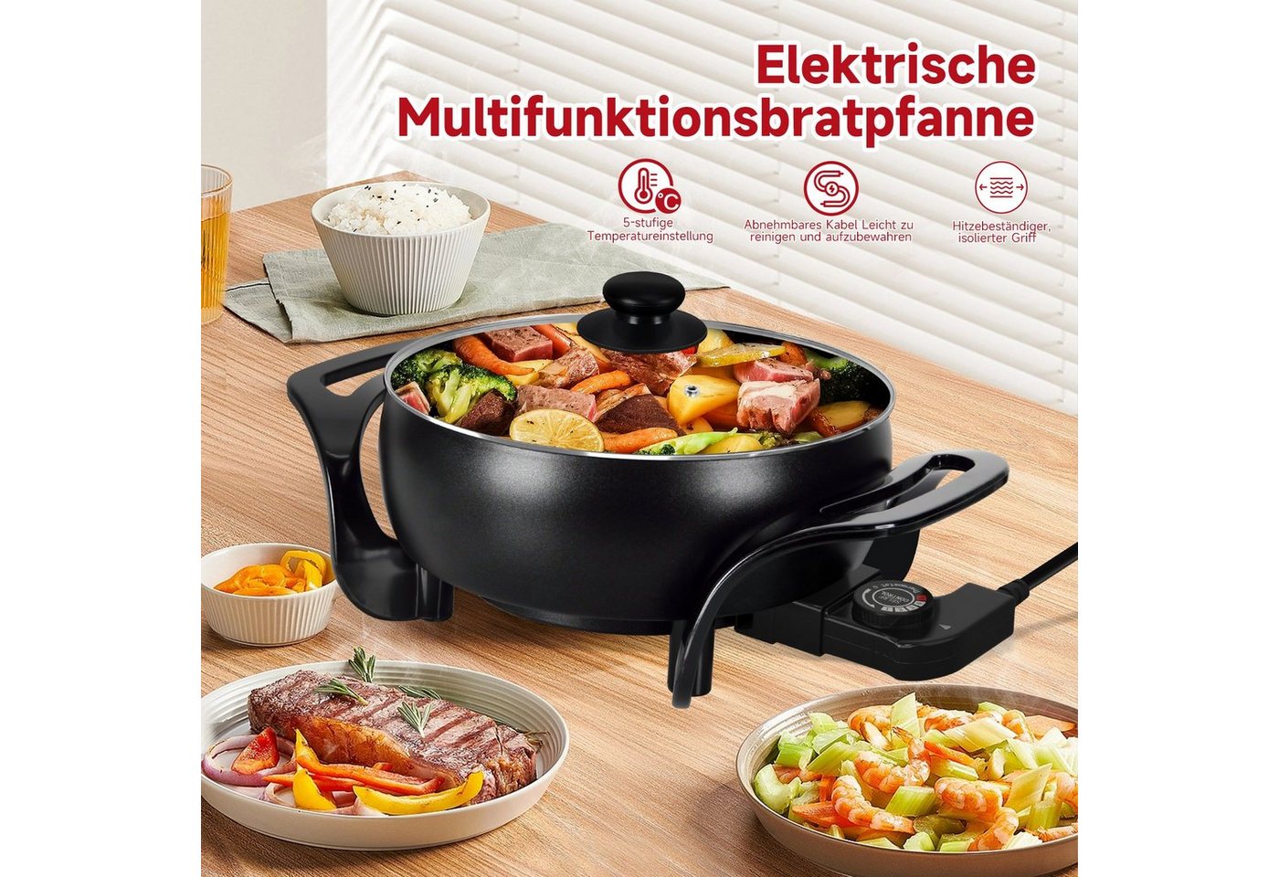 Scheffler Elektrische Wokpfanne Elektrische pfanne, 1500,00 W, mit Antihaftbeschichtet, Ø 27 cm, 1500 W Bild 2