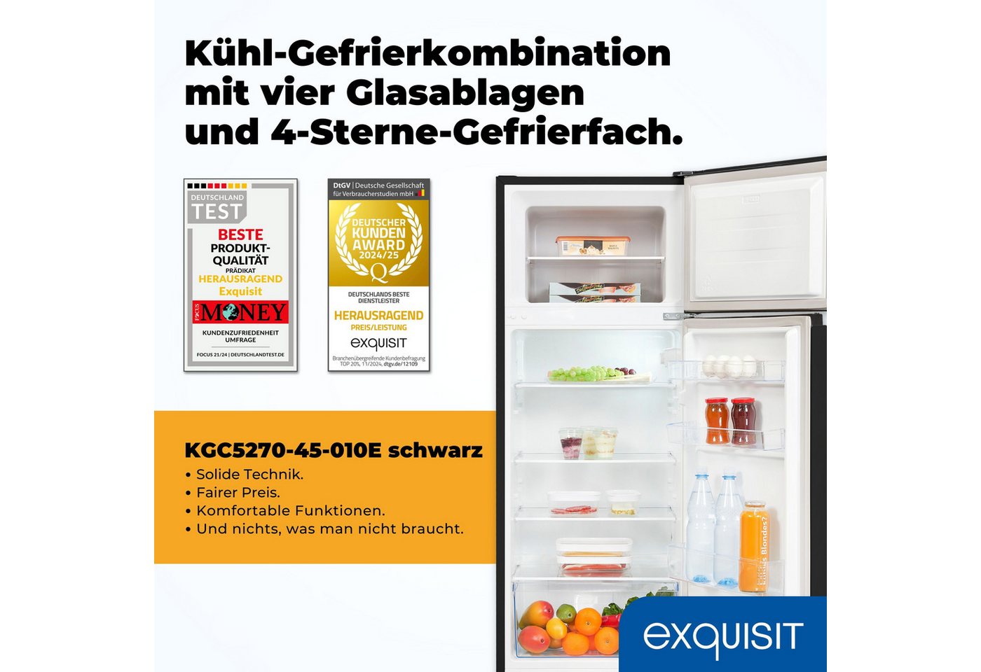exquisit Kühl-/Gefrierkombination KGC5270-45-010E, 143.5 cm hoch, 55 cm breit, 4-Sterne-Gefrieren, Türanschlag wechselbar, LED-Innenbeleuchtung
