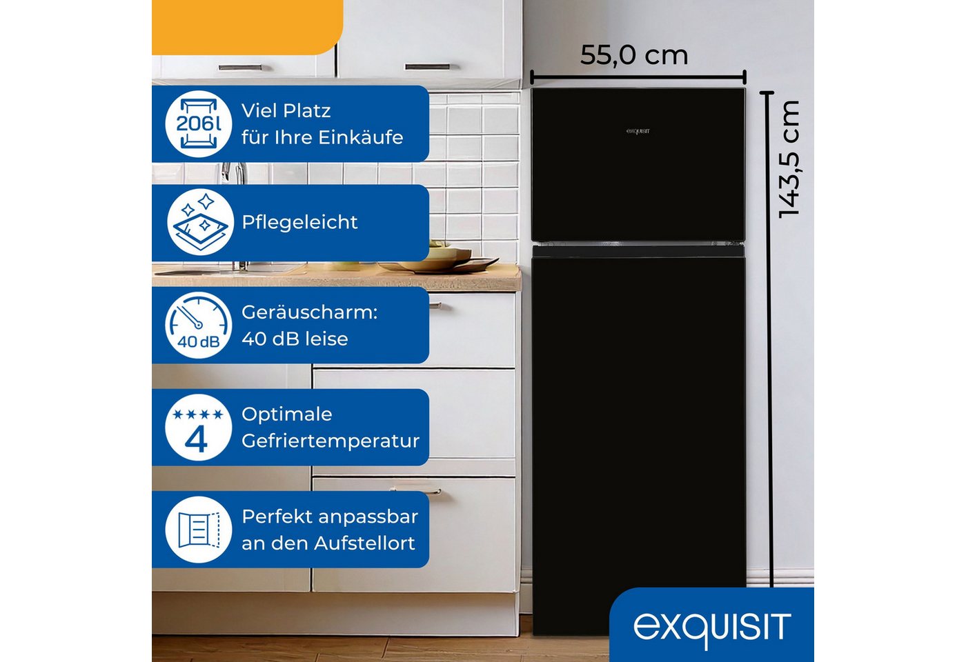 exquisit Kühl-/Gefrierkombination KGC5270-45-010E, 143.5 cm hoch, 55 cm breit, 4-Sterne-Gefrieren, Türanschlag wechselbar, LED-Innenbeleuchtung Bild 5