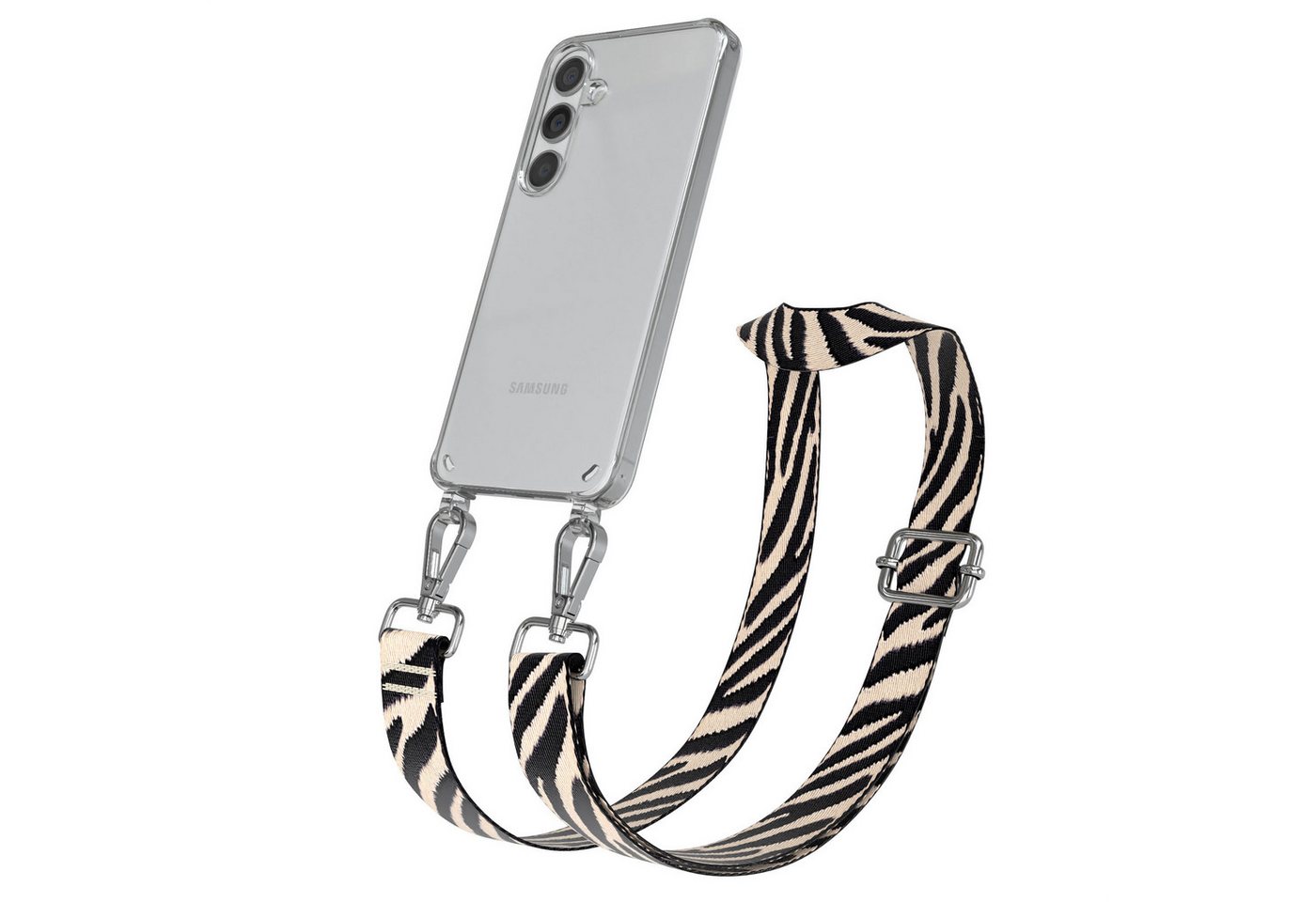 EAZY CASE Handykette Boho Umhängeband für Samsung Galaxy S24 6,2 Zoll, Verstellbarer Zebra Trageriemen Case transparent Kette Schwarz Beige
