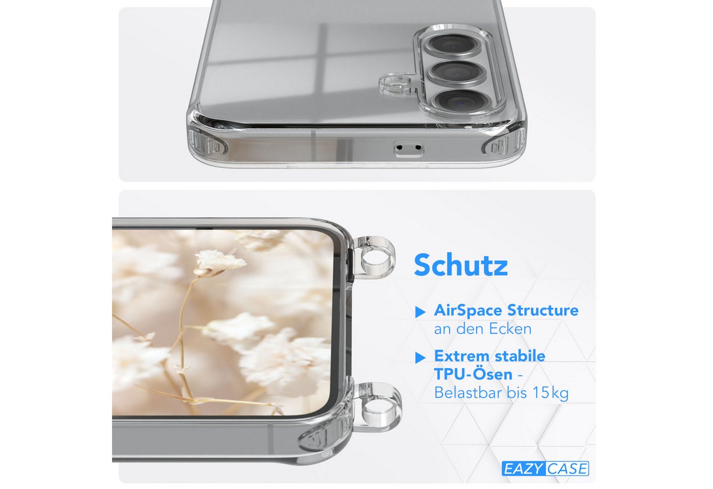 EAZY CASE Handykette Boho Umhängeband für Samsung Galaxy S24 6,2 Zoll, Verstellbarer Zebra Trageriemen Case transparent Kette Schwarz Beige Bild 3