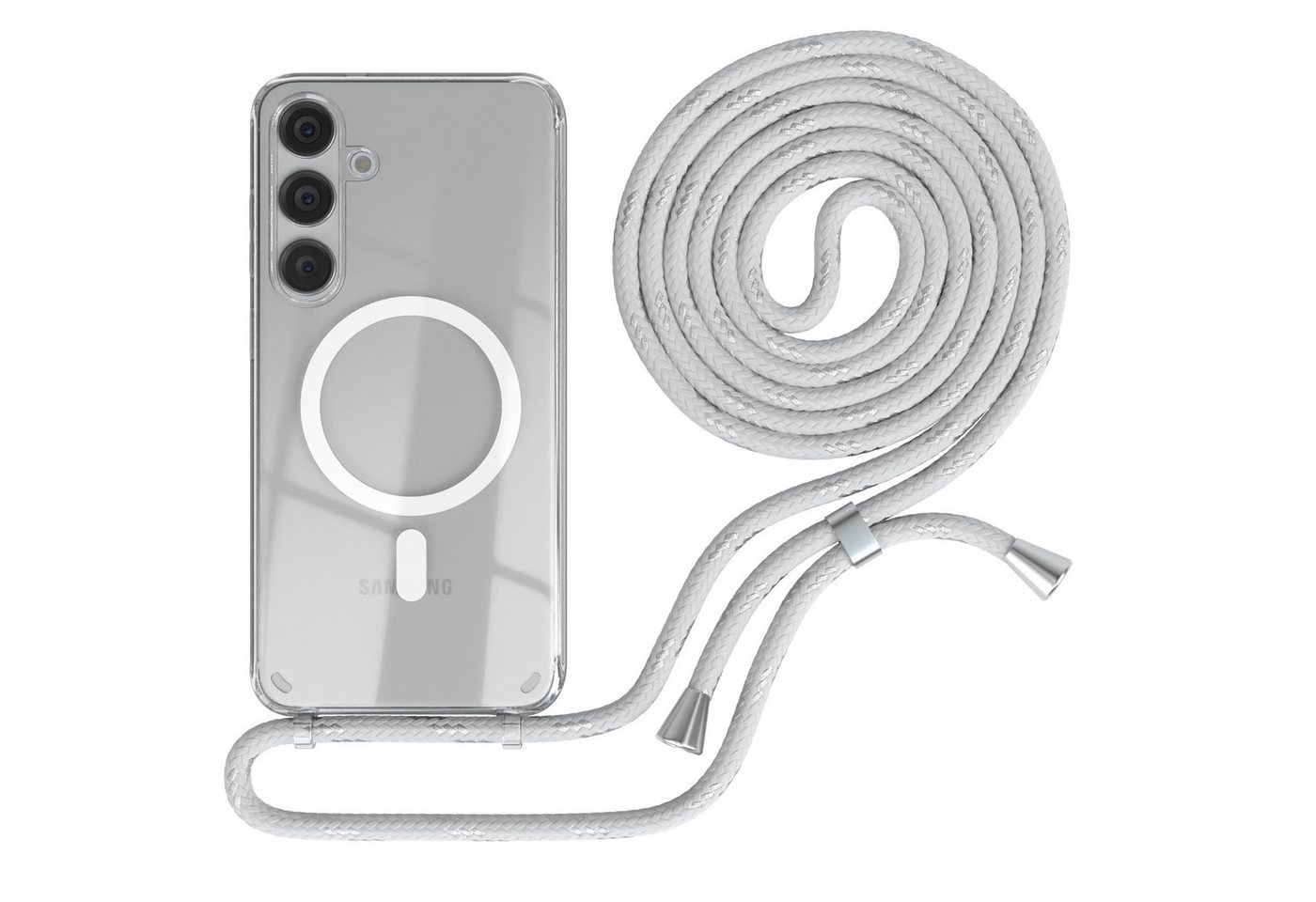 EAZY CASE Handykette mit-/ ohne Magsafe Hülle für Galaxy S24 Plus 6,7 Zoll, Handykordel Qi-Case Slimcover mit Umhängeband zum Umhängen Weiß Silber