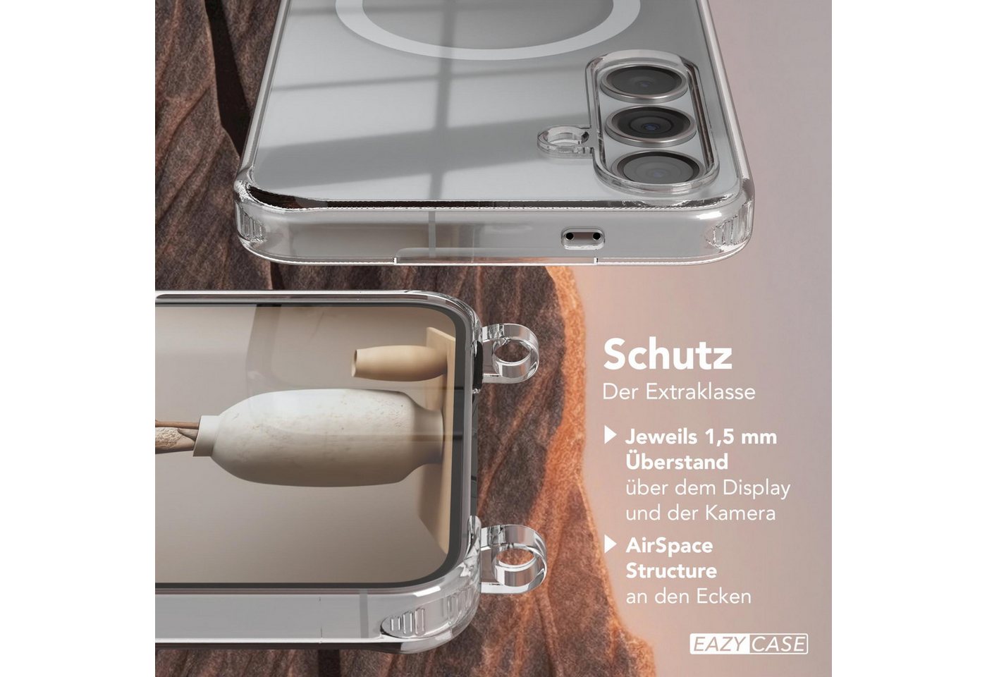 EAZY CASE Handykette mit-/ ohne Magsafe Hülle für Galaxy S24 Plus 6,7 Zoll, Handykordel Qi-Case Slimcover mit Umhängeband zum Umhängen Weiß Silber Bild 2
